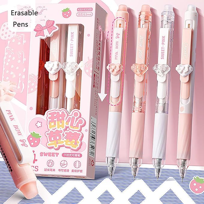 4pcs Pink Erasable Pens 0.5mm GelPens Blue Ink Retractable Mistake-Free Smooth Writing Pens with Erasers for Women Men Office Supplies (heart 4pcs, Blue)