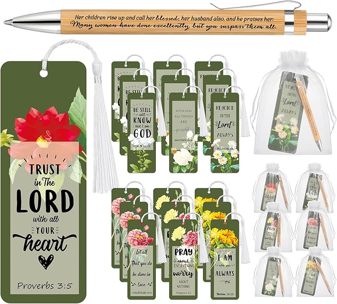 Spakon 70 Sets Mother's Day Church Gifts Bible Verse Bookmarks Inspirational Bamboo Pens Gift Bags Mom Christian Gifts Bulk Religious Mothers Day Party Favors