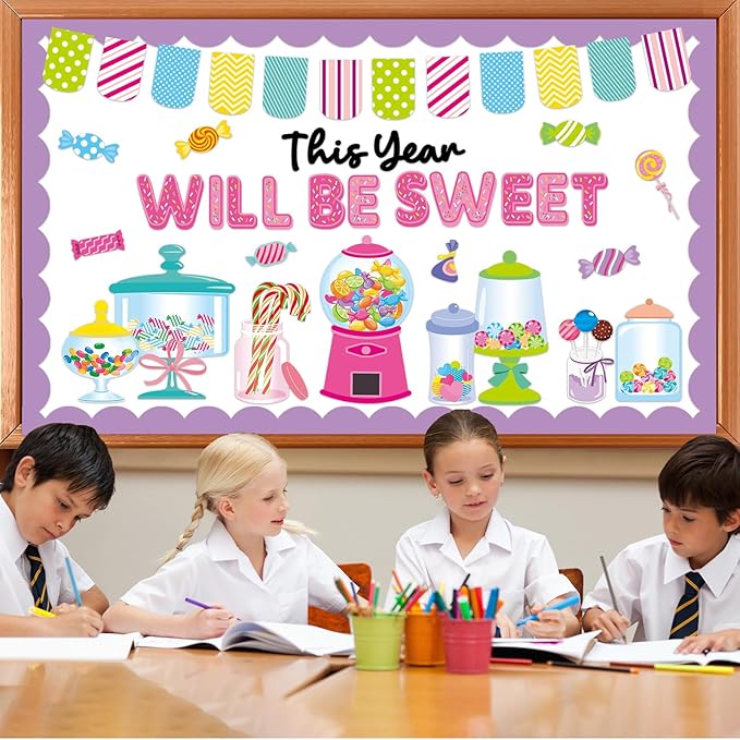 QOUBAI Candy Bulletin Board Set Sweet Theme Classroom Bulletin Board Decorations Pink Gumball Machine Cutouts Classroom Decorations for Back to School Office Home Chalkboard Decor Wall Door