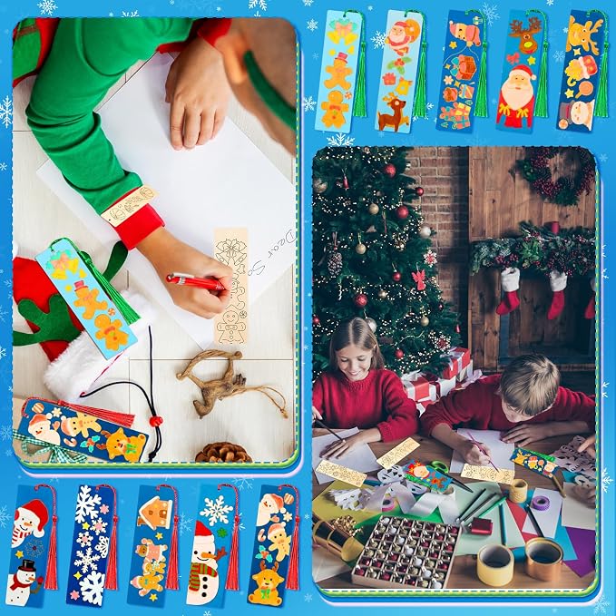 AmazingSpark 100 Pcs Winter Wood Bookmarks DIY Crafts Kit, 50 Set Christmas Color Your Own Blank Bookmarks with Tassel Santa Snowmen for Classroom Art Gifts Teacher Student Reward