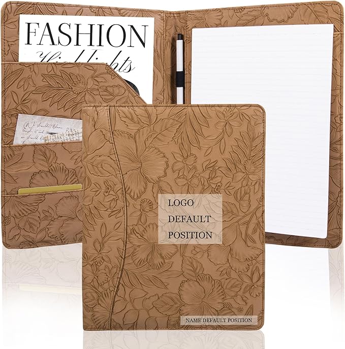 Free Engraved Name,Embossed Padfolio Portfolio PU Leather Binder,Interview Resume Folder,Business Card Holder, Organizer with A4 Legal Pads for Men Women(Light Brown,Custom)