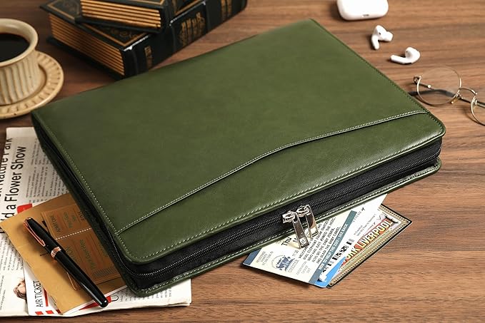 Personalized Leather Portfolio for Men, Business Padfolio with Zipper, Vegan Leather Folio with A4 Writing Pad Holder Organizer for Resume, Interview, Custom Portfolio - Green