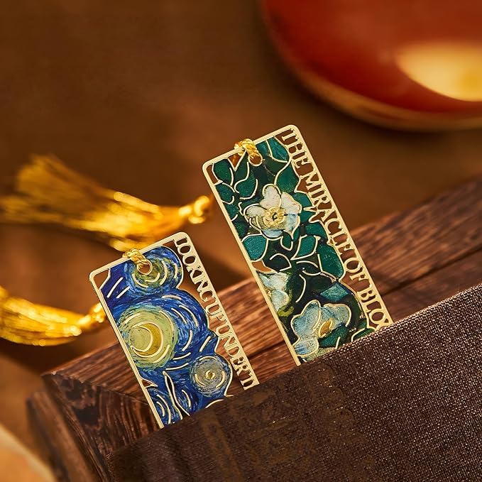 4 PCS Metal Bookmarks with Tassels,Vintage Van Gogh Bookmark,Gift Box Package, Book Lover Gifts for Women Adults Teens Teacher