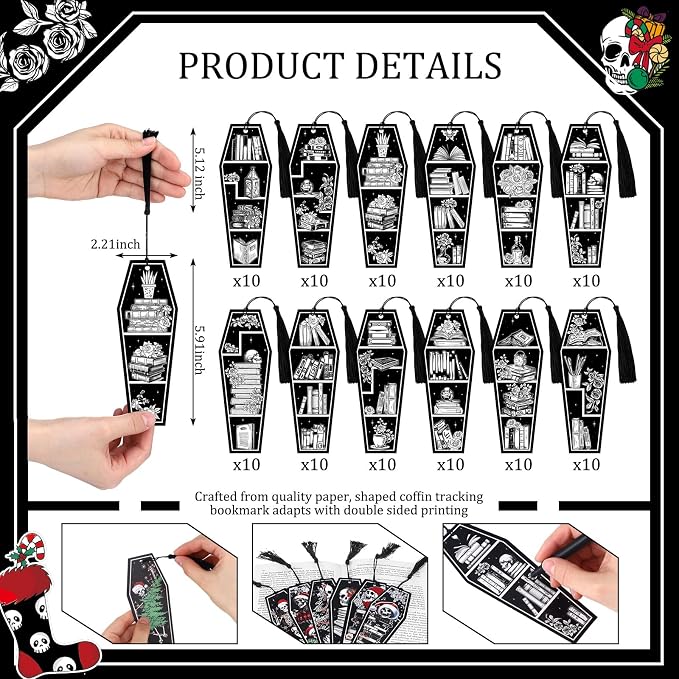 Kolldenn 120 Pcs 12 Styles Christmas Gothic Skeleton Coffin Bookmarks Double Sided Book Tracker Skull Horror Bookmark Gothic Book Marker with Black Tassels for Reading Lovers Gifts Accessories