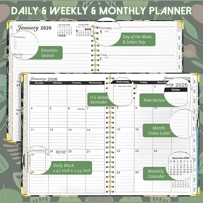 Academic Planner 2026, Daily Weekly and Monthly Planner, Jan. 2026 - Dec. 2026, Calendar Planner with Monthly Tabs, Planning Organize Notebook for Work, 8.5'' x 6.2'', Green Butterfly
