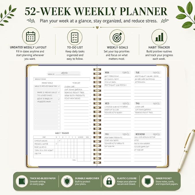 Undated Weekly Planner, Weekly To Do List Notebook with Goal & Habit Tracker Organizer, A5 Hardcover Weekly Planner for ADHD, Office School Home Supplies, Reduces Stress and Boosts Productivity - Purple