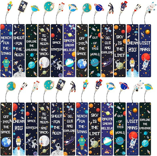 24 Pack Space Bookmarks Bulk for Kids, Outer Space Themed Party Favors, Astronaut Rocket Planet Galaxy Theme Birthday Party Favors, Bookmarks with Metal Charms for Boys Girls, Classroom Rewards Gifts