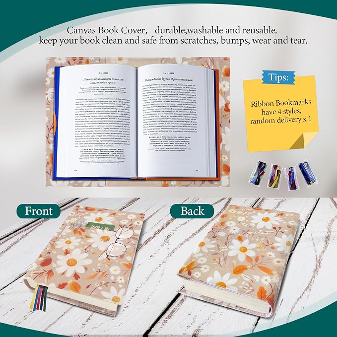 Daisy Adjustable Book Cover Protector for Hardcover,Reusable Soft Canvas Fabric Book Covers for Paperback Book Lovers Gift,Double Side Print Book Cover Hardback with Bookmark