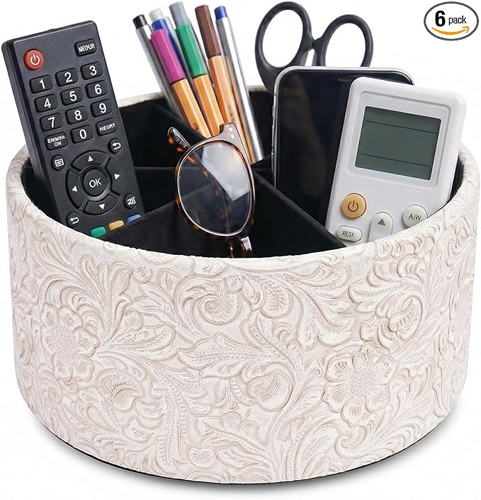 lizimandu Remote Control Holder, 360°Spinning PU Leather Desk TV Remote Caddy,Desk Storage Box Room Accessories for Controller, Media,Mail,Calculator, Mobile Phone,Pencil(1B-Carved3 White)