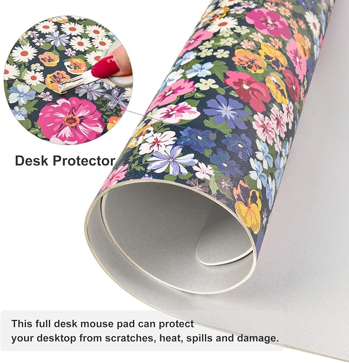 Colorful Star Large Mouse Pad, Floral Desk Mat Office Supplies, Waterproof Faux Leather Big Gaming Mousepad for Women Girls, Blooming Flowers Desk Pad Home Office Décor Accessories 31.5" x 15.7"