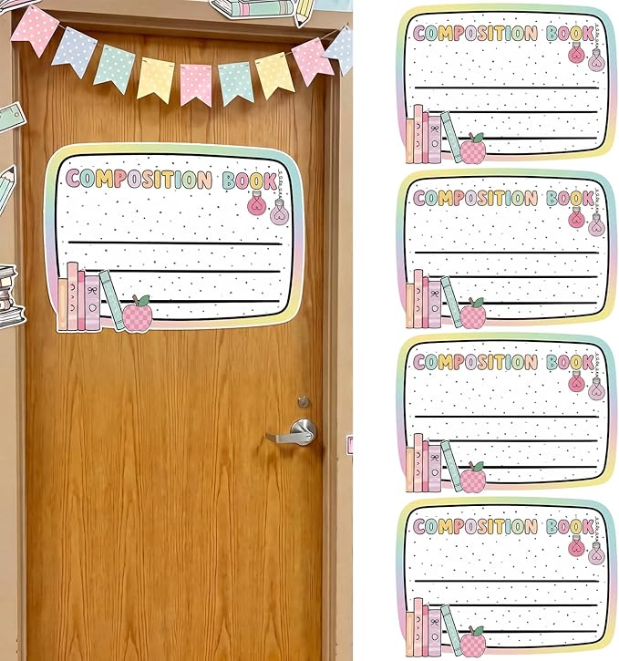 Gueevin 4 Pcs Large 23 * 16.5 inch Composition Book Cutouts Composition Notebook Bulletin Board Trim for Classroom Door First Day of School Wall Windows Porch Sign(Pastel)