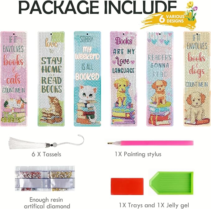 Reading Diamond Art Bookmarks for Adults - 6 PCS DIY Books and Cute Animal Diamond Painting Bookmarks with Tassel DIY Cat Dog Art Craft Making Kits for Reading Lover Book Lover Beginners