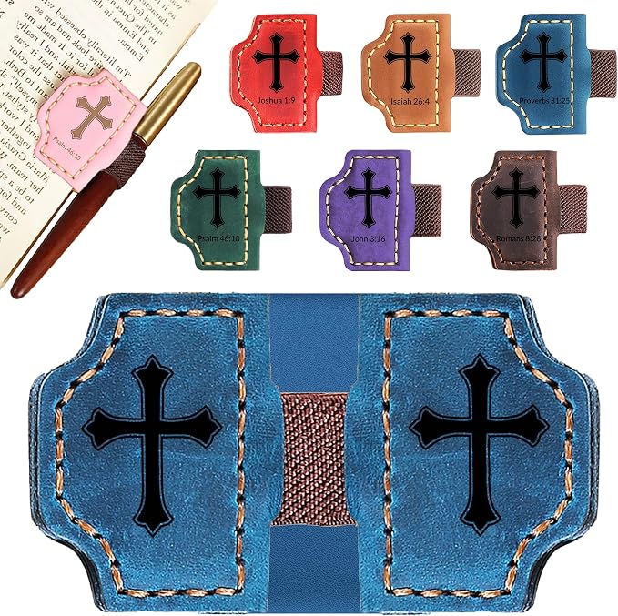 Personalized Leather Bookmark with Pen Holder - Magnetic Bible Verse Design, Christian Book Lovers Reading Accessory, for Book Lovers Men Women (Blue, Cross)