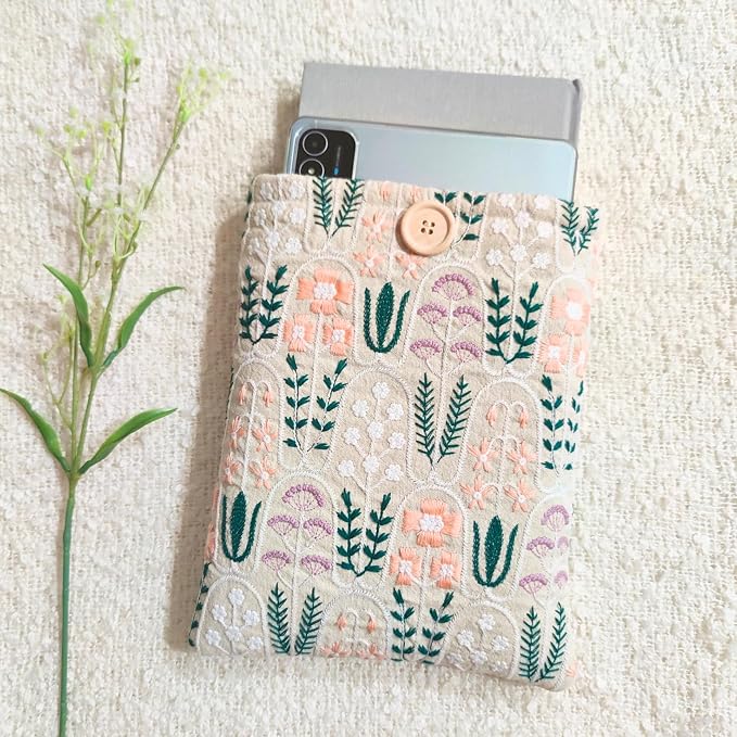 Floral Embroidered Canvas Book Sleeve - Elegant Book Cover, Padded Protector for Paperbacks & Hardcovers, Ideal for Book Lovers, Wooden Button (Garden)