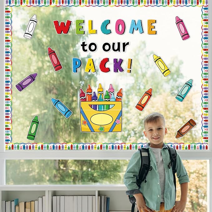 87Pcs Classroom Bulletin Board Decorations Set，Back to School Crayon Themed Classroom Decor Colorful Crayons Name Tags with Border, for School Classroom Door Home Wall Decorations Party Supplies