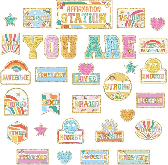 Hippie Retro Groovy Affirmation Station Bulletin Board Set Boho Hippie Motivational Bulletin Board Classroom Decorations Positive Affirmations Station Posters Cutouts for Classroom Wall Mirror Decor