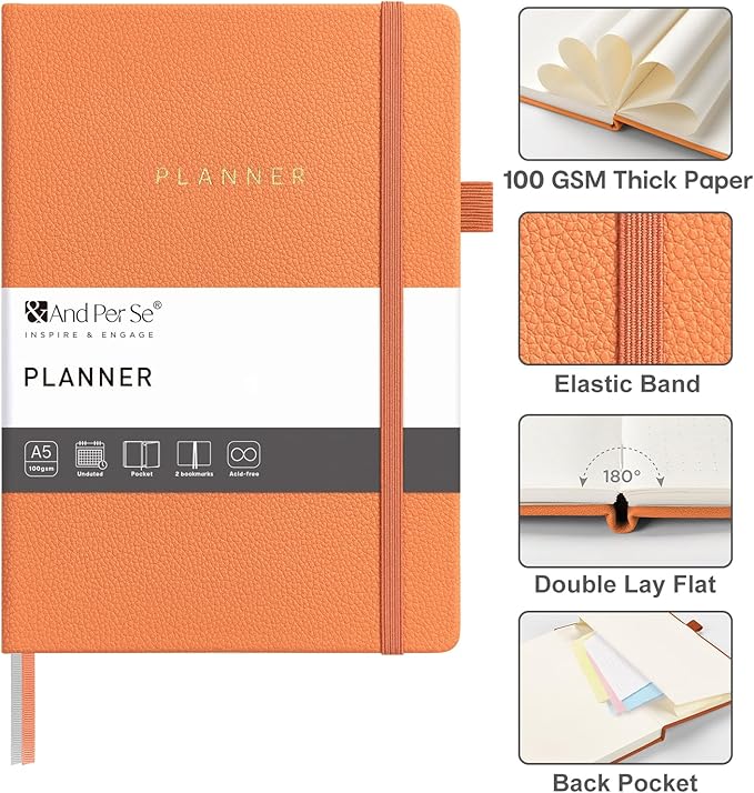 And Per Se Undated Weekly Planner 2026, A5 size Leather Hardcover Planner with Goals & Habit Tracker – ADHD Planner & Productivity Journal (Pumpkin Orange)
