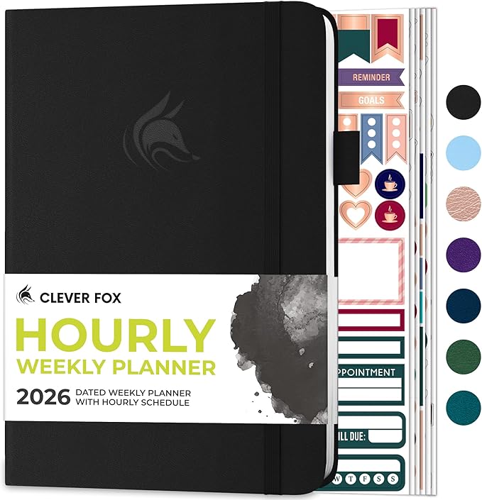 Clever Fox Dated Hourly Weekly Planner 2026 – Daily, Monthly & Yearly Agenda Organizer with Time Slots – Hardcover Journal, A5 Size (Black)