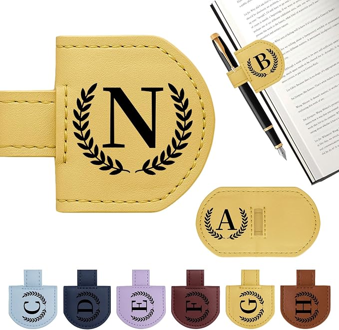 Personalized Magnetic Bookmark Pen Holder, Leather Book Marks for Reading Women& Men, Engraving 26 Letters Name Initial Bookmarks with Pencil Pen Holder, Gift for Book Lovers, Readers (Yellow, N)