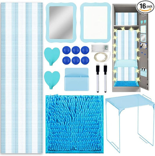 16 Pcs Locker Accessories Kit Blue Locker Organizer Decorations Include Striped Wallpaper String Light Magnetic Whiteboard Mirror Storage Cup Marker Rug Organizing Shelf for Back to School Supply