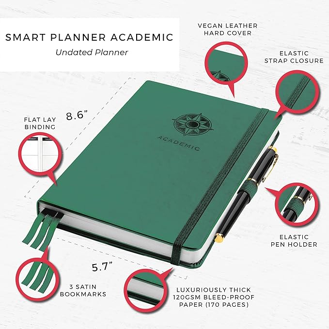 Smart Academic Planner - A5 Size 8.6 x 5.7 inches - Undated Daily Planner for School - Daily, Weekly, and Monthly Scheduling - Student Planner for Maximizing Focus and Productivity (Dark Green)