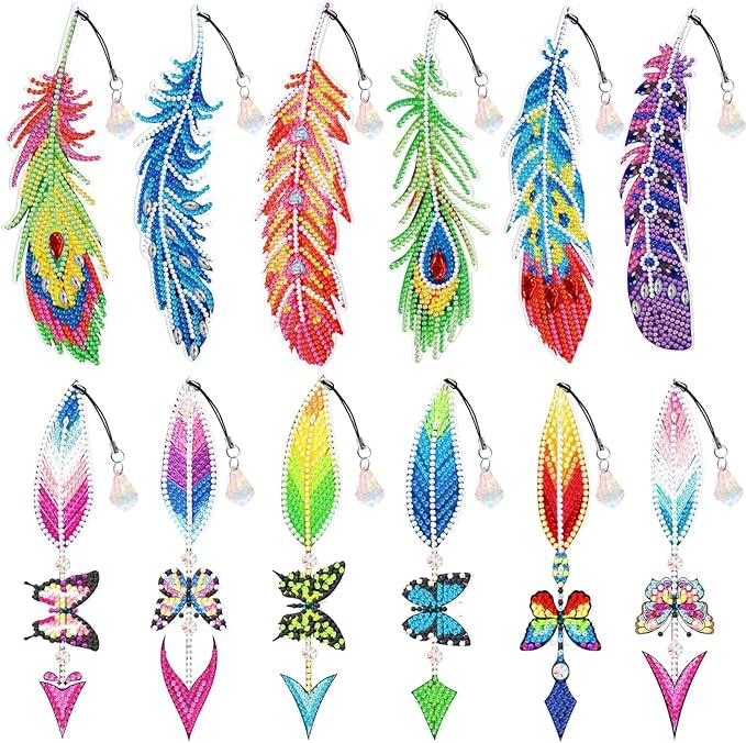 12 Pcs Feather Diamond Painting Bookmarks, Diamond Art Bookmarks with Pendant, Diamond Art Painting Kits for Beginners Adults DIY Art Craft Gifts Book Decors