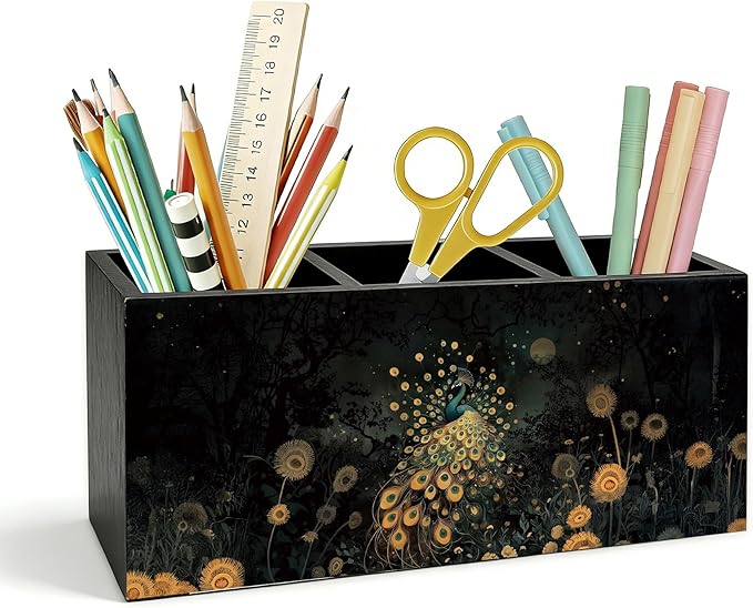 Peacock Pen Holder for Desk, Peacock Gifts for Women, Dark Academia Moody Floral Peacocks Wooden Box Pencil Pen Holder Organizer for Home Office Desk Accessories
