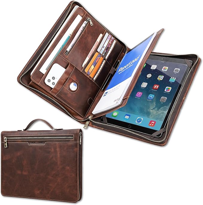 Top Grain Leather 12.9" Strap Large Portfolio, Handmade Retro Design, Large Capacity Multi-Functional Business Zip Padfolio, Holder for Cards/Tablet/Phone/AirTag/A4 Doc, Red Coffee 12.9 Inch