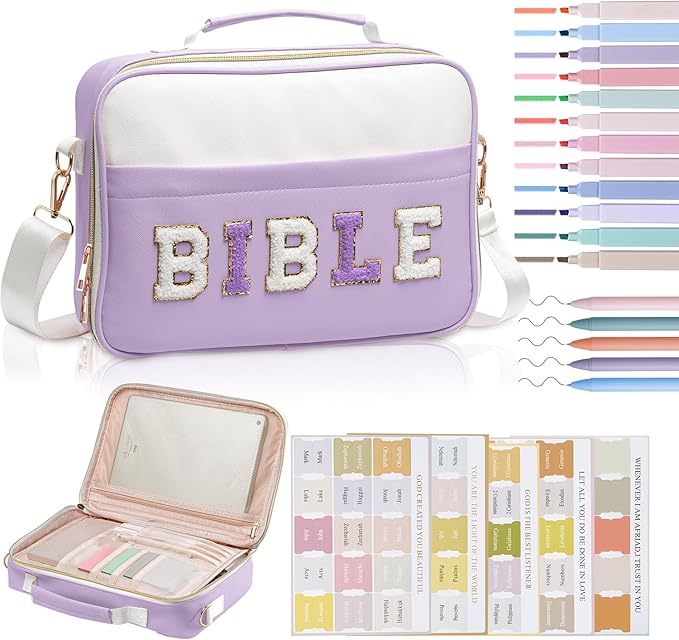 KOPKOFT Bible Cover Case for Women, Large Chenille Letter Leather Bible Case with Bible Study Accessories, Bible Study Supplies Bible Journaling Kit, Christmas Christian Gift for Women Girls (Purple)