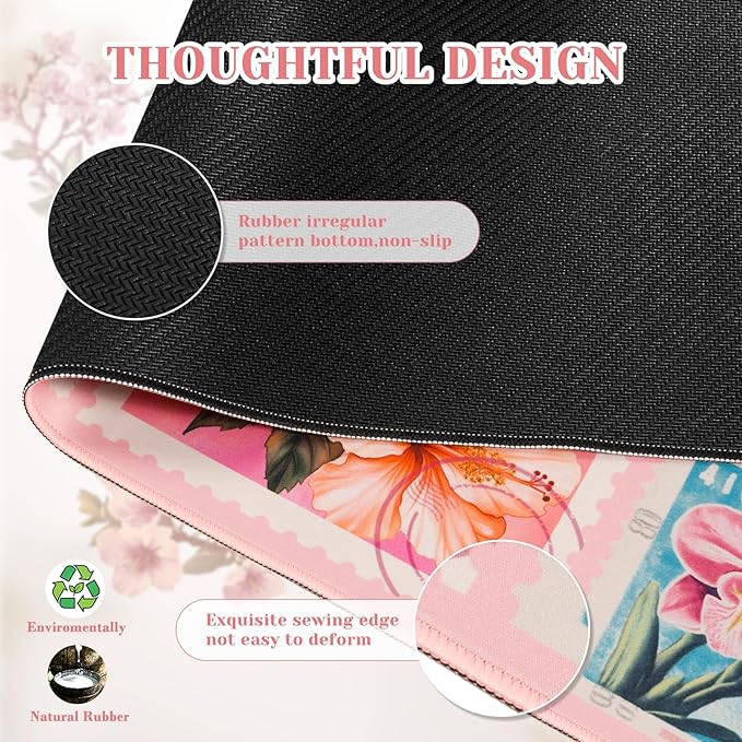 iCasso Pink Floral Desk Pad Mat, XXL Large Mouse Pad, Anti-Slip Retro Mousepad with Stitched Edges, Computer Keyboard Mat for Desktop Decor, Aesthetic Office Desk Accessories for Women(Pastel Pink)