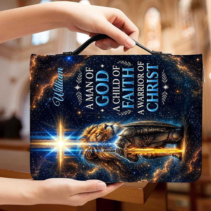 Personalized Man of God Bible Cover for Men, Christian PU Leather Bible Case with Handle Zipper, God Says I Am Warrior Scripture Bible Holder, Religious Gift for Men (Warrior of Christ 2)