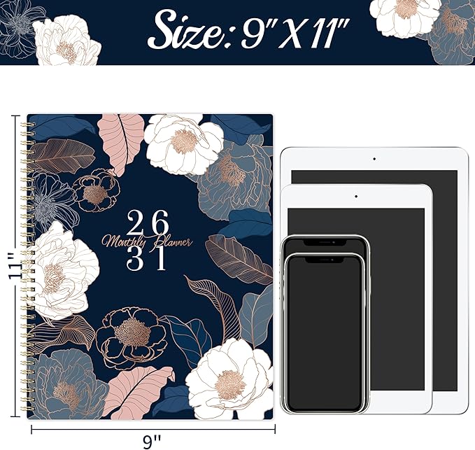 2026-2031 Monthly Planner/Calendar - 5 Year Monthly Planner, July 2026 - June 2031, 9" x 11", 5 Year Calendar 2026-2031 Monthly Planners with Tabs, Notes Pages - Engraved Floral