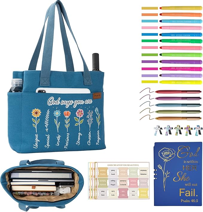 25 PCS Bible Study Supplies Kit, Large Capacity Canvas Tote Bag for Women Organizer, Bible Highlighters and Quick Dry Pens No Bleed Through, Notebook Bible Tabs Cross Bookmark Journaling Accessories