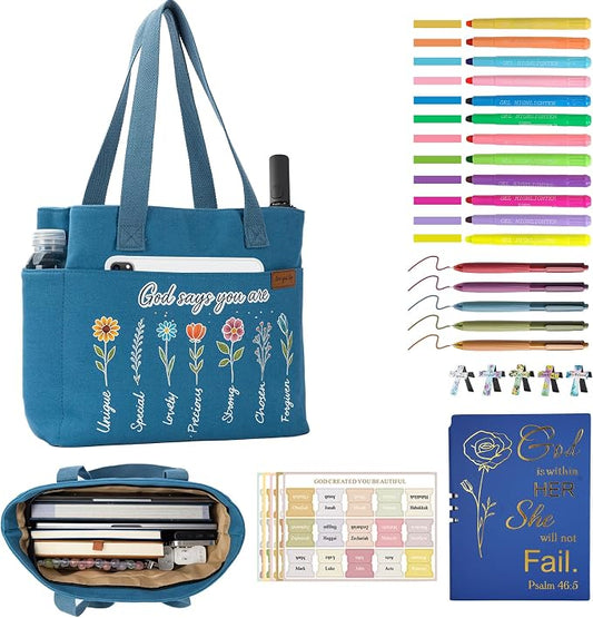 25 PCS Bible Study Supplies Kit, Large Capacity Canvas Tote Bag for Women Organizer, Bible Highlighters and Quick Dry Pens No Bleed Through, Notebook Bible Tabs Cross Bookmark Journaling Accessories