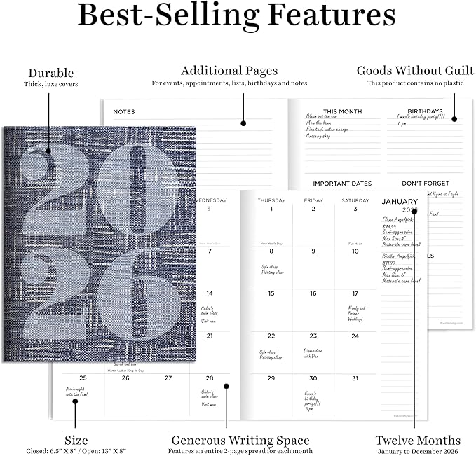 TF Publishing 2026 Basket Weave Blue Medium Monthly Planner - 2 Page Spreads with Extra Large Calendar Grids and Planning Prompts - 12 Month Planner for School and Work - 6.5in x 8in