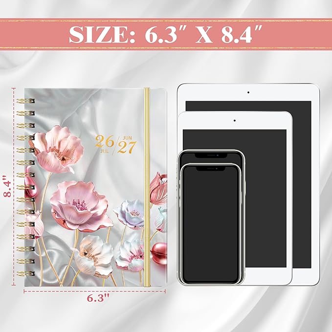 Bushypushy Planner 2026-2027 - Acdemic Planner 2026-2027 with Tabs, Jul. 2026 - Jun. 2027, 26-27 Calendar planner, Weekly and Monthly planner, 6.3" x 8.4", Back Pocket + Thick Paper - Pink Flower