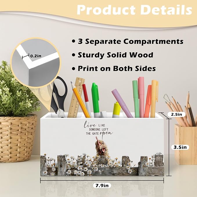 Rustic Chicken Pen Holder Organizer, Farmhouse Chicken Lover Gifts for Women Desk Decor, Live Like Someone Left the Gate Open Wooden Pen Pencil Holders for Vintage Desk Accessories