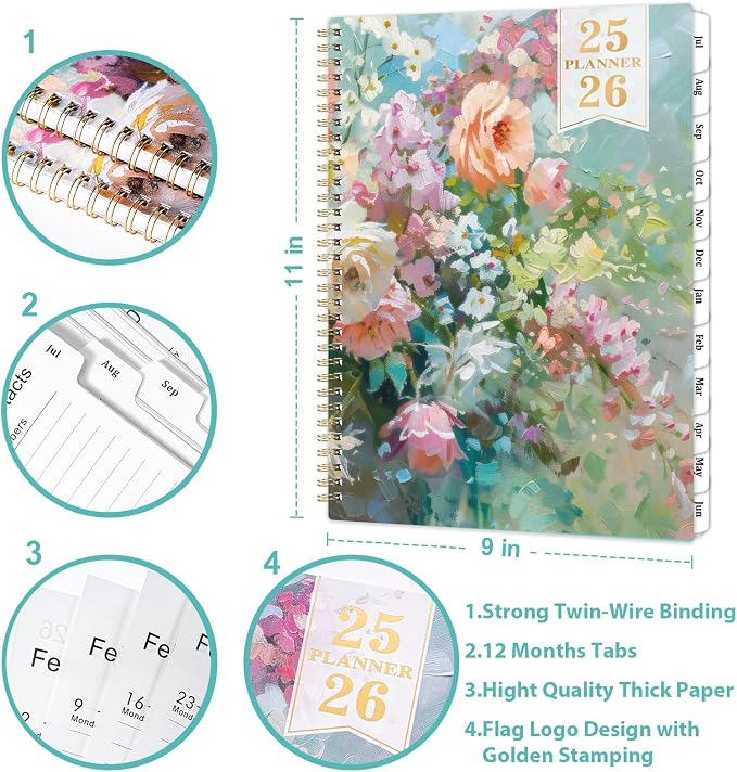Bushypushy 2025-2026 Academic Planner, 8.5" x 11", July 2025 - June 2026, Weekly & Monthly, Thick Paper, Hardcover, 12 Monthly Tabs, Twin-Wire Binding
