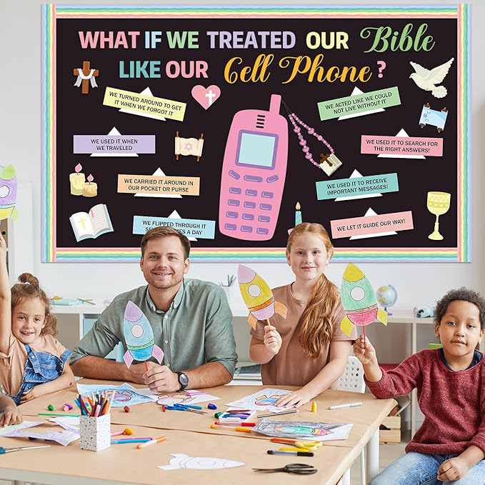 Religious Bible Bulletin Board Set Cell Phone Cutouts Christian Bible Classroom Bulletin Board Decoration Inspirational Christian Jesus Theme Cut Outs for Sunday vbs Church School Classroom Supplies