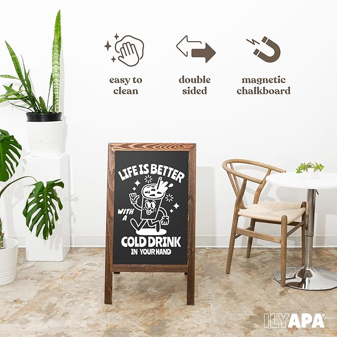 Ilyapa Wooden A Frame Sign Sandwich Board with Eraser & Chalk - 40 x 20 Inches Magnetic Chalk Board Easel Sign – Rustic Natural Wood Sidewalk Chalkboard Signs Menu for Restaurant, Business or Wedding