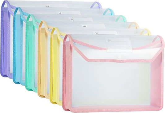 Plastic Expanding File Folder, Clear Envelopes Fit Letter & A4 Size, Folders for Documents with Snap Closure, No Dividers, Large Capacity (6, Mixed Colors)