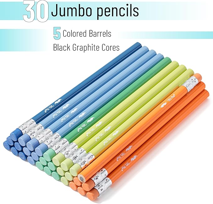 Mr. Pen- Jumbo Pencils, 30 Pack, Colorful Barrels, Smooth Black 2 HB Graphite Cores, Large Preschool Pencils, Smooth Writing Lead for Kindergarten, Kids and School Supplies