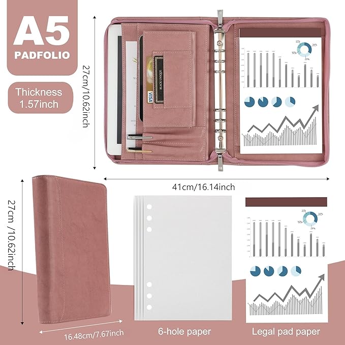 KISSKI A5 Planner Binder Padfolio for Women, Small 6 Ring Resume Folders for Interview, Vegan Leather Portfolio Organizer Folio with Zipper and 1pc A5 Notepad, Business Card/Pen Holder, Gifts, Pink