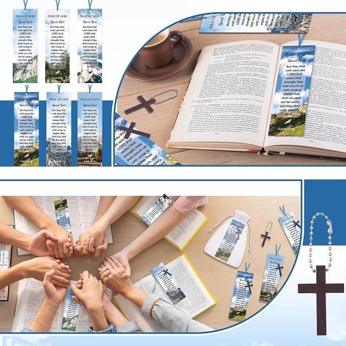 Dispowreath 24 Pcs Father's Day Christian Gifts Include 12 Wooden Cross Charm 12 Man of God Bookmark Religious Church Gift Special Dad for Men Church Prizes Party Favor
