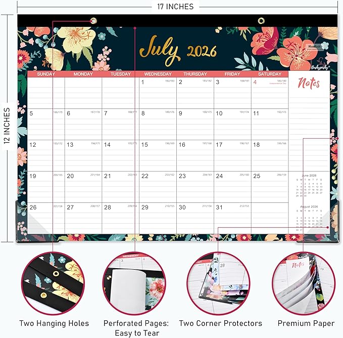 Desk Calendar 2026-2027 - 18 Monthly Desk/Wall Calendar, Jul. 2026 - Dec. 2027, 17" x 12", Thick Paper with Corner Protectors, Large Ruled Blocks - Floral