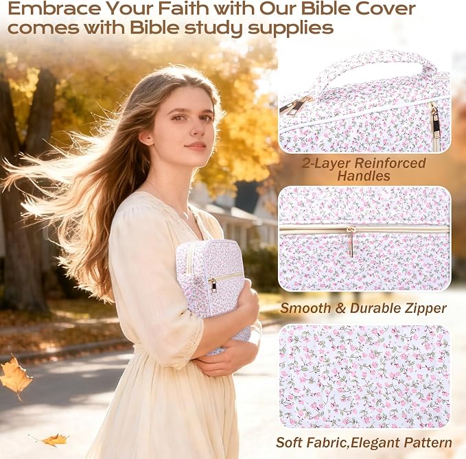 XKDOUS 30 Pcs Bible Cover Kit for Women Quilted Book Carrying Case Pink Bible Bag with Study Supplies Journaling Kit Large Church Book Holder Christian Gifts for Mother Lady