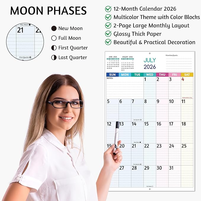 2026 Wall Calendar - Large Print Calendar 2026, 12 Monthly Calendar, Jan. 2026 - Dec. 2026, 14.6 x 22.8 In (Open), 2026 Calendar with Big Numbers, Large Grid, Notes, Moon Phases, Great for Planning