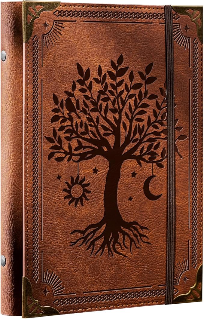 Ovesmusl PU Leather A6 Binder 6 Ring Mini Loose Leaf Binder 5.5”x7.5” No Inserts A6 Planner Binder Leather Cover Refillable Journal Cover, Brown Tree