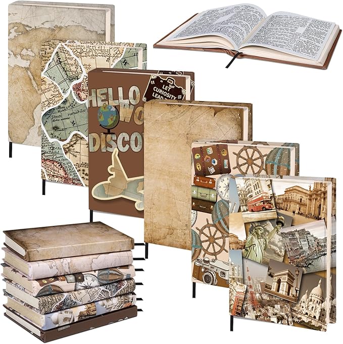 Gilprop 6 Pack Jumbo Stretchable Book Covers, Colorful Covers for Textbook Protection and Care, Washable Reusable Protective for Paperbacks Hardcover Books(Map,Brown,9-11inch)