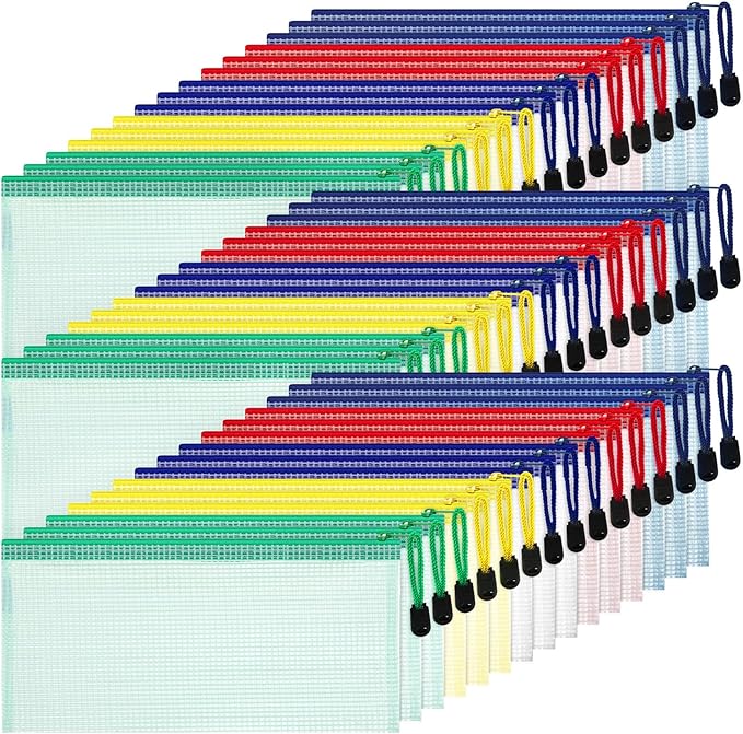 Handepo 80 Pieces Mesh Zipper Pouch Waterproof Pencil Pouch Zipper Plastic Zip File Document Folders for Office Home School